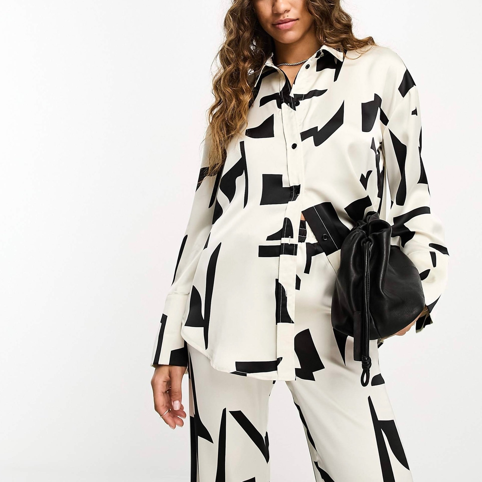 4th & Reckless Asos Black & White Mono Print Satin Button Down Top Size Xxl